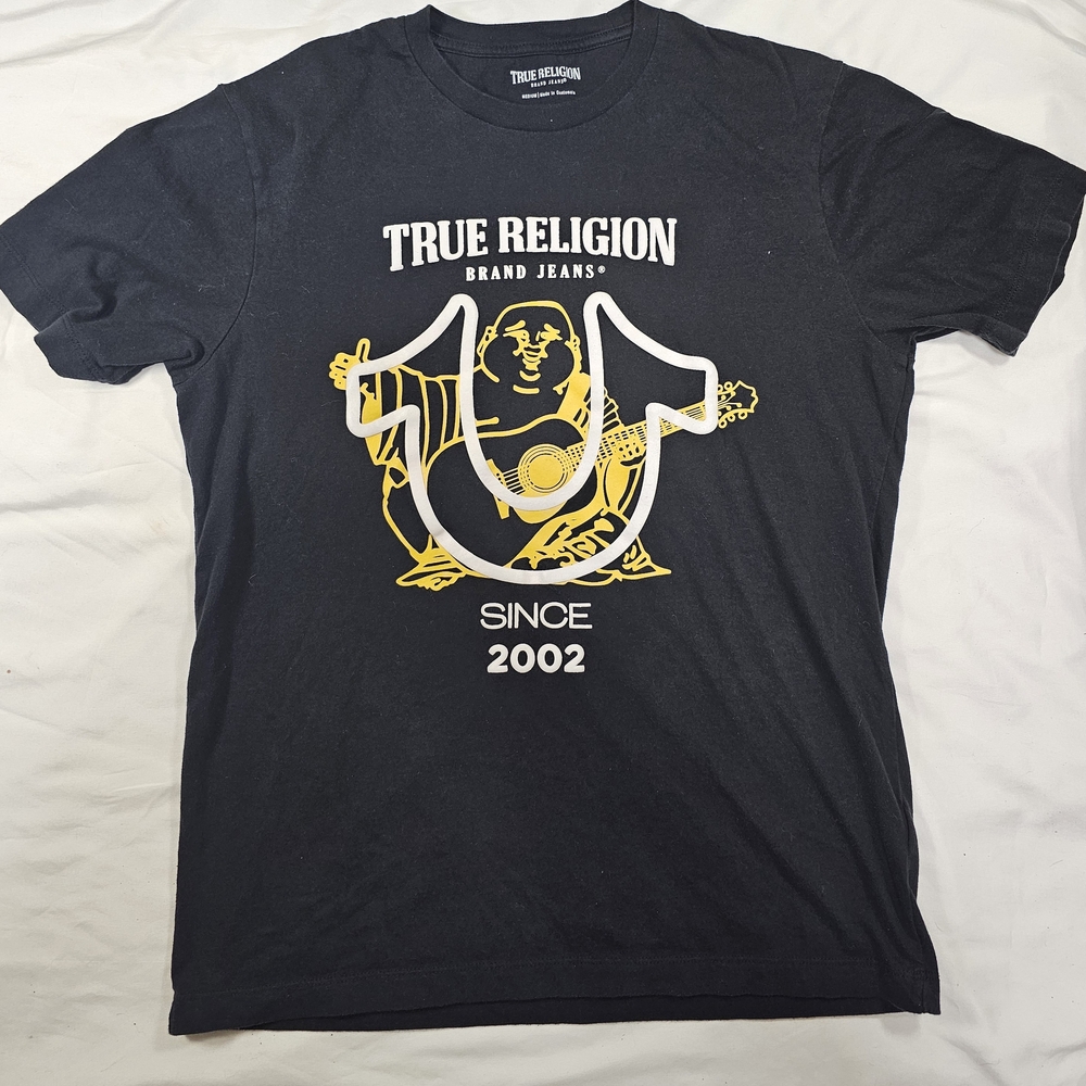 True Religion Men's Black Tee with Gold Graphic